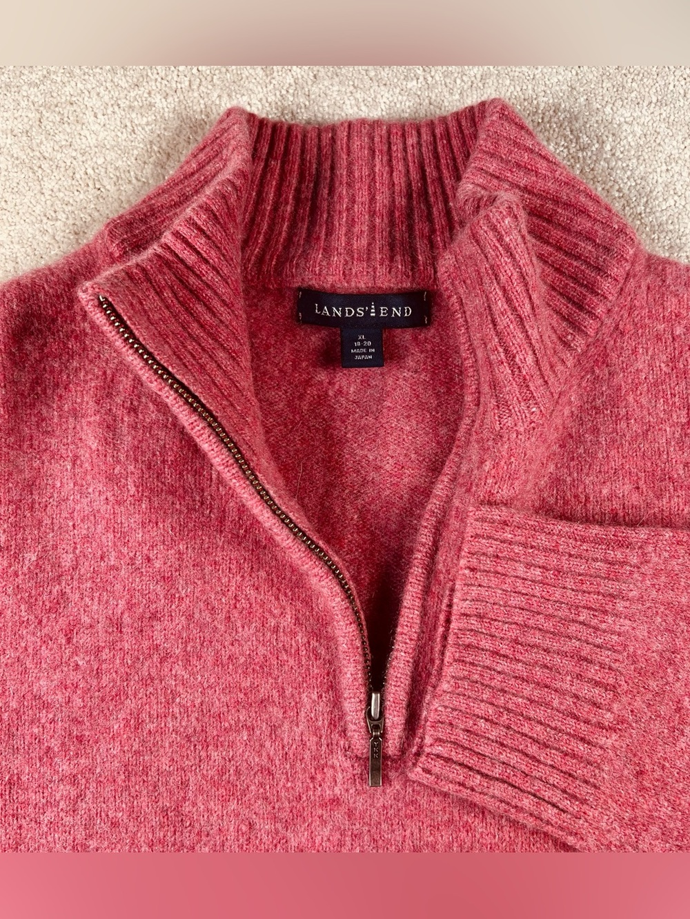 Lands End Sweater Quarter Zip Pink Lambswool Cashmere Pullover Warm Winter XL